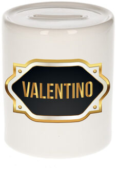 Bellatio Decorations Spaarpot met voornaam Valentino - wit - goud/zwart embleem - 8 x 9 cm - keramiek - afsluitdop