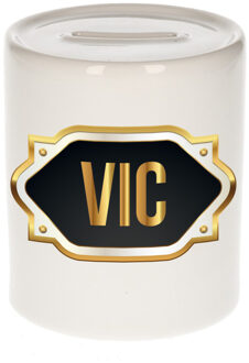 Bellatio Decorations Spaarpot met voornaam Vic - wit - goud/zwart embleem - 8 x 9 cm - keramiek - afsluitdop