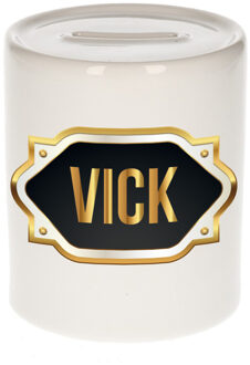 Bellatio Decorations Spaarpot met voornaam Vick - wit - goud/zwart embleem - 8 x 9 cm - keramiek - afsluitdop