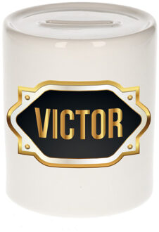 Bellatio Decorations Spaarpot met voornaam Victor - wit - goud/zwart embleem - 8 x 9 cm - keramiek - afsluitdop