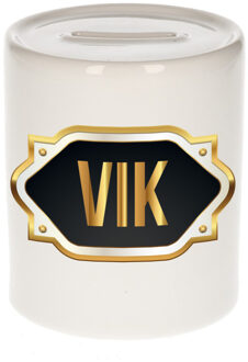 Bellatio Decorations Spaarpot met voornaam Vik - wit - goud/zwart embleem - 8 x 9 cm - keramiek - afsluitdop