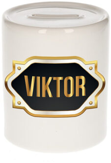 Bellatio Decorations Spaarpot met voornaam Viktor - wit - goud/zwart embleem - 8 x 9 cm - keramiek - afsluitdop Multi