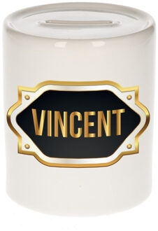 Bellatio Decorations Spaarpot met voornaam Vincent - wit - goud/zwart embleem - 8 x 9 cm - keramiek - afsluitdop
