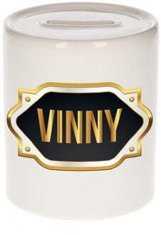 Bellatio Decorations Spaarpot met voornaam Vinny - wit - goud/zwart embleem - 8 x 9 cm - keramiek - afsluitdop