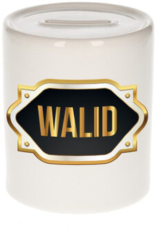 Bellatio Decorations Spaarpot met voornaam Walid - wit - goud/zwart embleem - 8 x 9 cm - keramiek - afsluitdop Multi