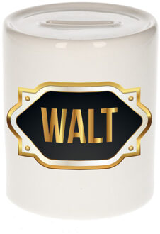 Bellatio Decorations Spaarpot met voornaam Walt - wit - goud/zwart embleem - 8 x 9 cm - keramiek - afsluitdop