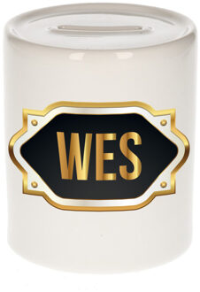 Bellatio Decorations Spaarpot met voornaam Wes - wit - goud/zwart embleem - 8 x 9 cm - keramiek - afsluitdop Multi