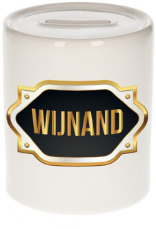 Bellatio Decorations Spaarpot met voornaam Wijnand - wit - goud/zwart embleem - 8 x 9 cm - keramiek - afsluitdop Multi