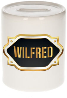 Bellatio Decorations Spaarpot met voornaam Wilfred - wit - goud/zwart embleem - 8 x 9 cm - keramiek - afsluitdop Multi