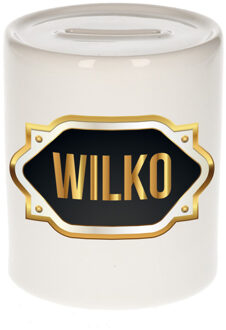 Bellatio Decorations Spaarpot met voornaam Wilko - wit - goud/zwart embleem - 8 x 9 cm - keramiek - afsluitdop Multi