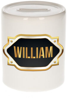 Bellatio Decorations Spaarpot met voornaam William - wit - goud/zwart embleem - 8 x 9 cm - keramiek - afsluitdop Multi