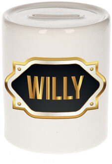 Bellatio Decorations Spaarpot met voornaam Willy - wit - goud/zwart embleem - 8 x 9 cm - keramiek - afsluitdop Multi