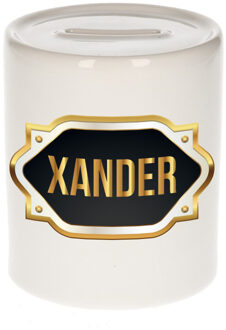 Bellatio Decorations Spaarpot met voornaam Xander - wit - goud/zwart embleem - 8 x 9 cm - keramiek - afsluitdop