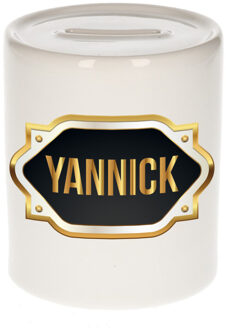 Bellatio Decorations Spaarpot met voornaam Yannick - wit - goud/zwart embleem - 8 x 9 cm - keramiek - afsluitdop
