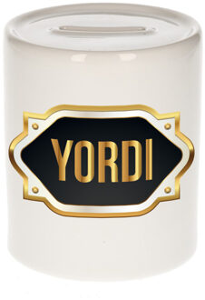 Bellatio Decorations Spaarpot met voornaam Yordi - wit - goud/zwart embleem - 8 x 9 cm - keramiek - afsluitdop