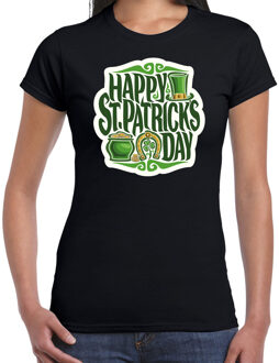 Bellatio Decorations St. Patricks day t-shirt zwart voor dames - Happy St. Patricks day - Ierse feest kleding / outfit / kostuum L