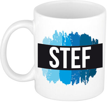 Bellatio Decorations Stef naam cadeau koffie mok - beker - met blauw verfstrepen - Cadeau collega - vaderdag