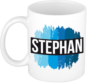Bellatio Decorations Stephan naam cadeau koffie mok - beker - met blauw verfstrepen - Cadeau collega - vaderdag