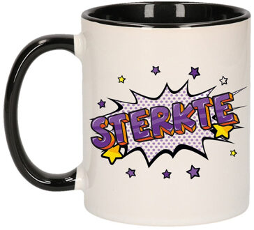 Bellatio Decorations Sterkte cadeau koffie mok - drinkbeker - wit en zwart - met sterren - 300 ml