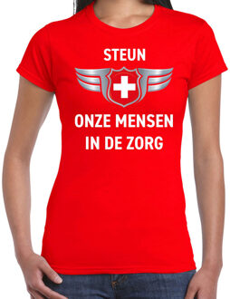 Bellatio Decorations Steun onze mensen in de zorg zilveren schild t-shirt rood dames M