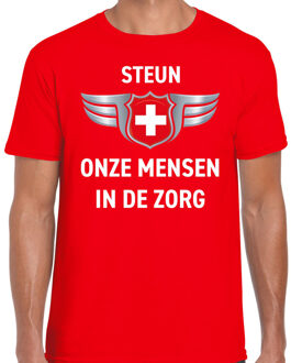 Bellatio Decorations Steun onze mensen in de zorg zilveren schild t-shirt rood voor