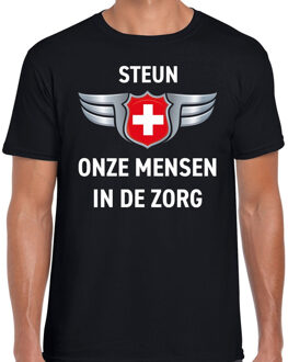 Bellatio Decorations Steun onze mensen in de zorg zilveren schild t-shirt zwart voor 2XL