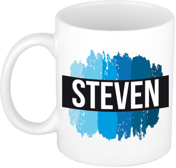 Bellatio Decorations Steven naam cadeau koffie mok - beker - met blauw verfstrepen - Cadeau collega - vaderdag