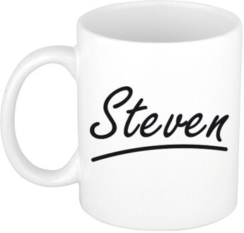 Bellatio Decorations Steven Naam koffiemok - beker - met sierlijke letters - wit - 300 ml - Cadeau - Heren