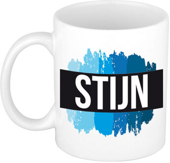 Bellatio Decorations Stijn naam cadeau koffie mok - beker - met blauw verfstrepen - Cadeau collega - vaderdag