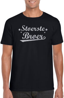 Bellatio Decorations Stoerste broer cadeau t-shirt  met zilveren glitters op zwart heren - kado shirt voor broers 2XL