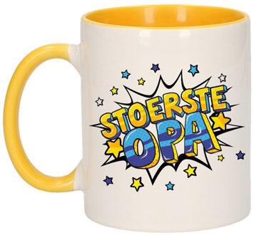 Bellatio Decorations Stoerste opa cadeau mok / beker wit en geel met sterren 300 ml - feest mokken