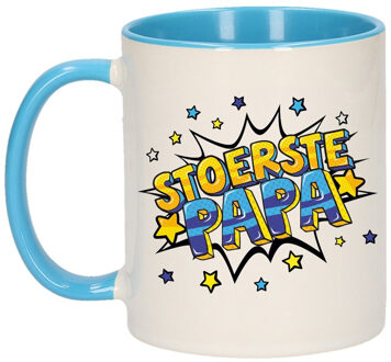 Bellatio Decorations Stoerste papa cadeau mok / beker wit en blauw met sterren 300 ml - feest mokken