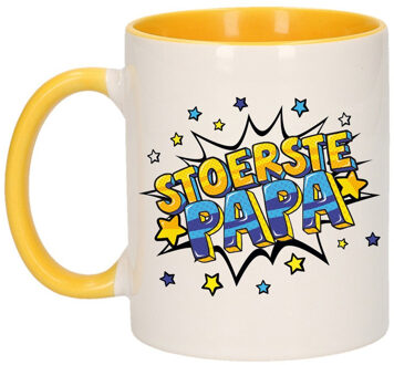 Bellatio Decorations Stoerste papa cadeau mok / beker wit en geel met sterren 300 ml - feest mokken