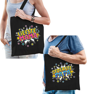 Bellatio Decorations Stoerste papa en Liefste mama tasje - Cadeau tassen set voor Papa en Mama Zwart