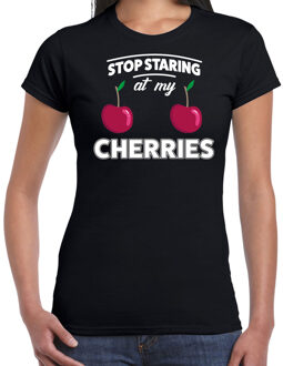 Bellatio Decorations Stop staring at my cherries boobs t-shirt zwart dames XS - Feestshirts