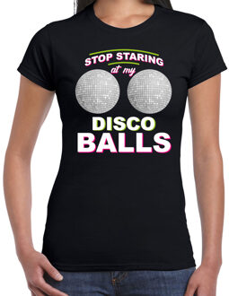 Bellatio Decorations Stop staring at my disco balls boobs t-shirt zwart dames XS - Feestshirts