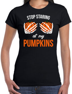 Bellatio Decorations Stop staring at my pumpkins / skelet horror shirt zwart voor dames - verkleed t-shirt 2XL