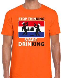 Bellatio Decorations Stop thinking start drinking t-shirt / shirt oranje heren - Koningsdag kleding 2XL