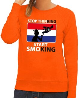 Bellatio Decorations Stop thinking start smoking sweater / trui oranje dames - Koningsdag kleding 2XL