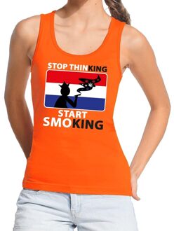 Bellatio Decorations Stop thinking start smoking tanktop / mouwloos shirt oranje dames - Koningsdag kleding L