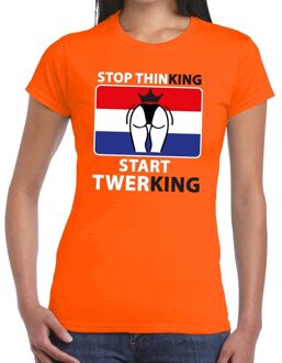 Bellatio Decorations Stop thinking start twerking t-shirt / shirt oranje dames - Koningsdag kleding 2XL