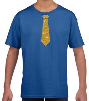 Bellatio Decorations Stropdas goud glitter t-shirt blauw voor kinderen M (134-140)