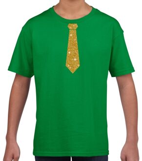 Bellatio Decorations Stropdas goud glitter t-shirt groen voor kinderen M (134-140)