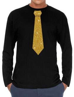 Bellatio Decorations Stropdas goud glitter t-shirt long sleeve zwart voor heren