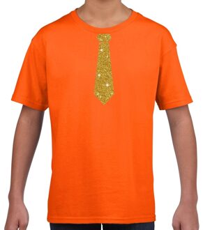 Bellatio Decorations Stropdas goud glitter t-shirt oranje voor kinderen M (134-140)