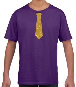 Bellatio Decorations Stropdas goud glitter t-shirt paars voor kinderen XS (110-116)