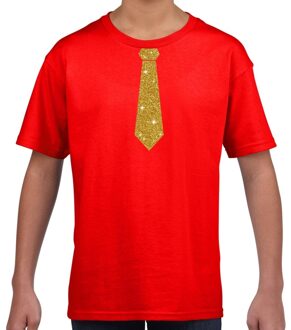 Bellatio Decorations Stropdas goud glitter t-shirt rood voor kinderen XL (158-164)