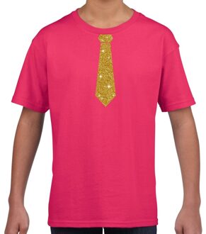 Bellatio Decorations Stropdas goud glitter t-shirt roze voor kinderen L (146-152)