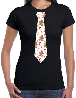 Bellatio Decorations Stropdas Kerst T-shirt gingerbread en zuurstok voor dames zwart L - kerst t-shirts Wit