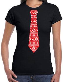 Bellatio Decorations Stropdas Kerst T-shirt kerstpatroon voor dames zwart